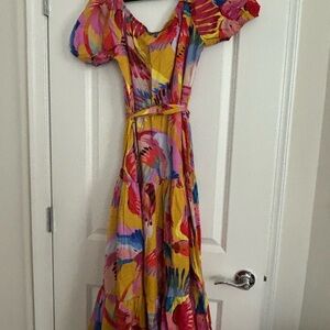 FARM Rio Yellow and Red Puff Sleeve Maxi Sundress